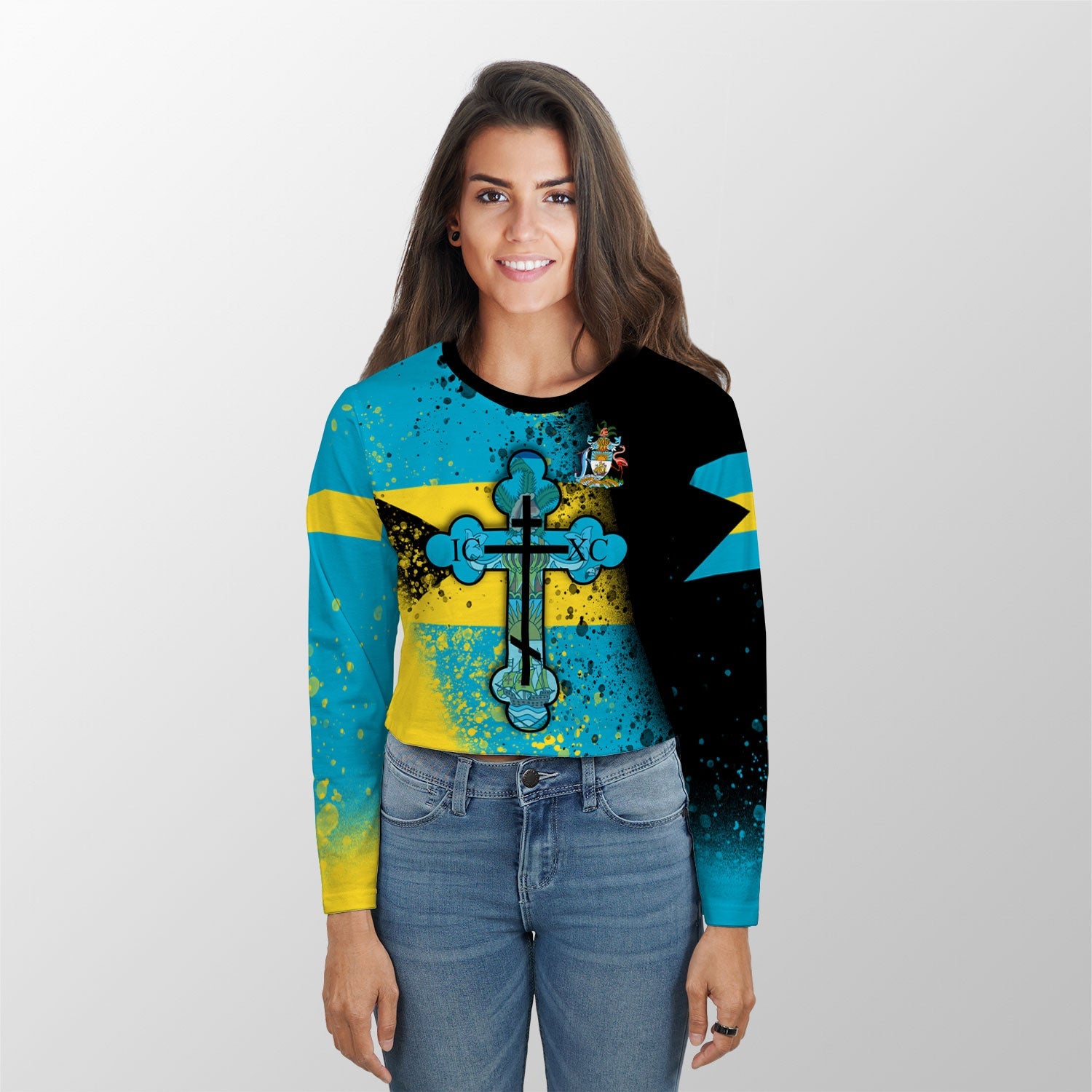 Bahamas Crop Top Long TShirt Flag & Coat Of Arms Orthodox Style