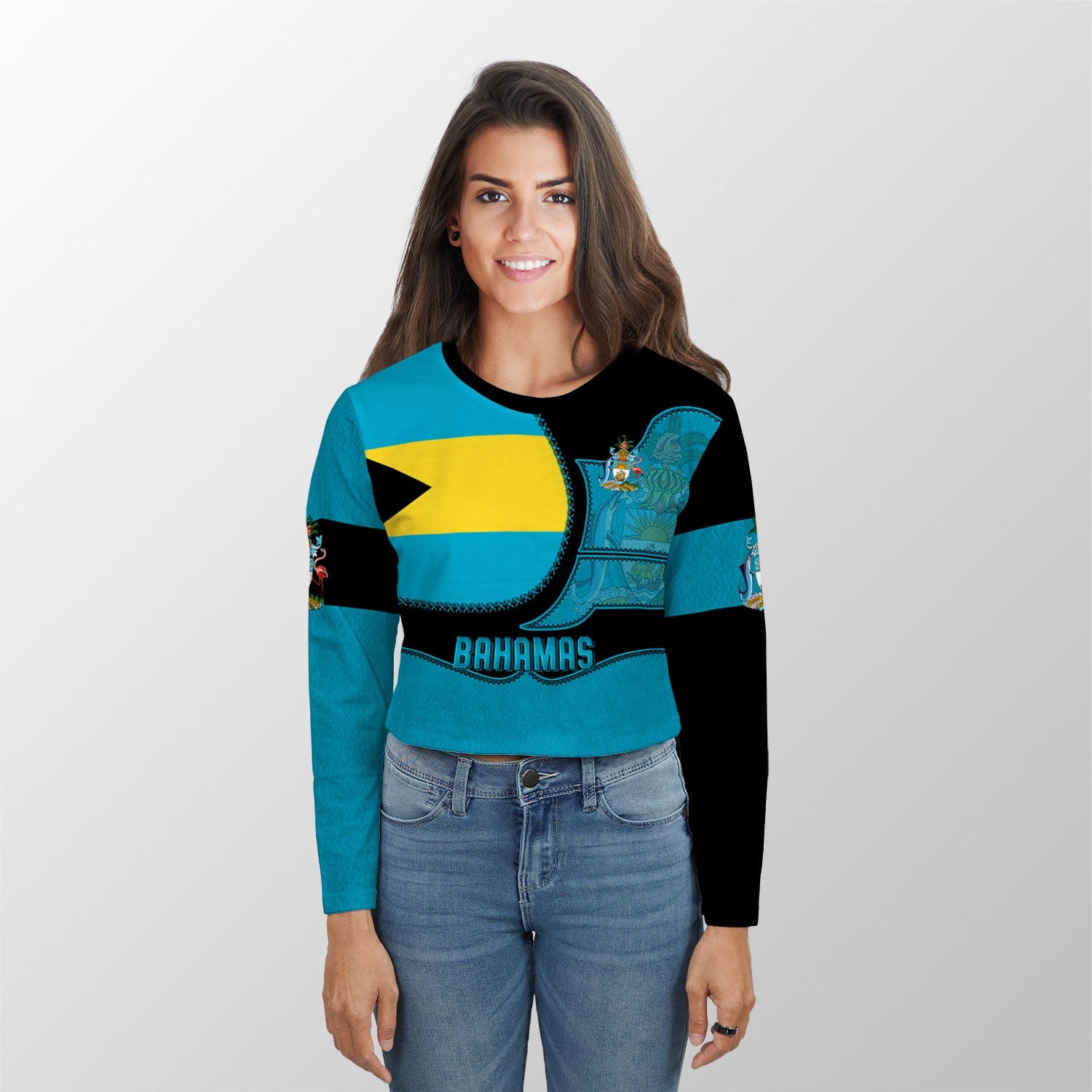 Bahamas Crop Top Long T Shirt Flag & Coat Of Arms Leather Style