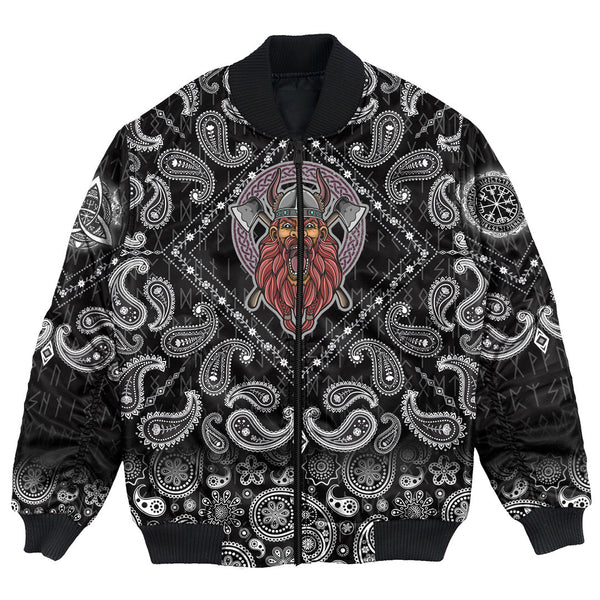 Viking Bomber Jacket Barbarian Head With Cross Axe with Bandana Paisley Style