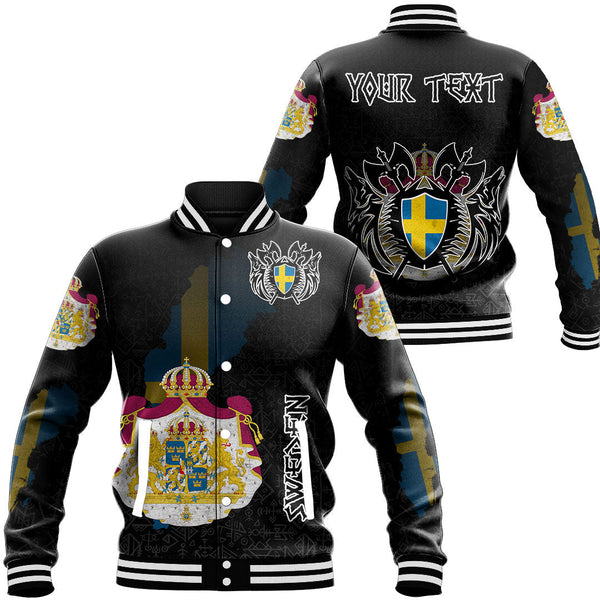 Custom Viking Baseball Jacket Sweden Flag and Map style Viking Geri & Freki Ver02