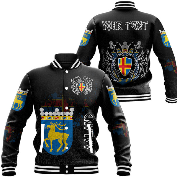 Custom Viking Baseball Jacket Åland Flag and Map style Viking Geri & Freki