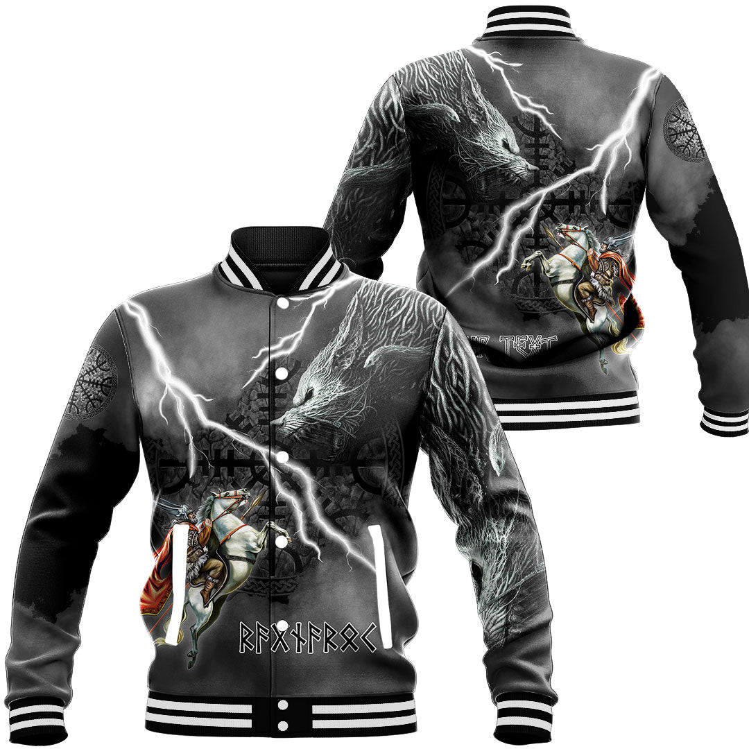 Custom Viking Baseball Jacket Ragnarok Odin fight Fenrir on thunder background