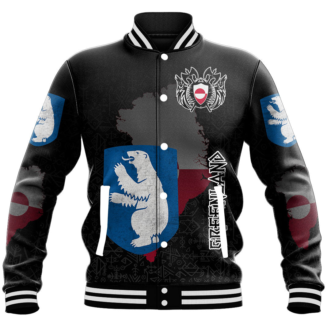 Custom Viking Baseball Jacket Greenland Flag and Map style Viking Geri & Freki