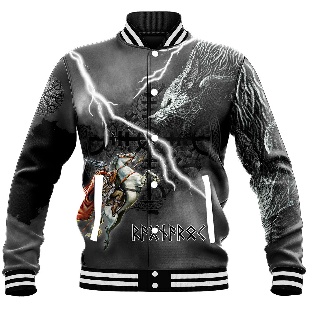 Custom Viking Baseball Jacket Ragnarok Odin fight Fenrir on thunder background