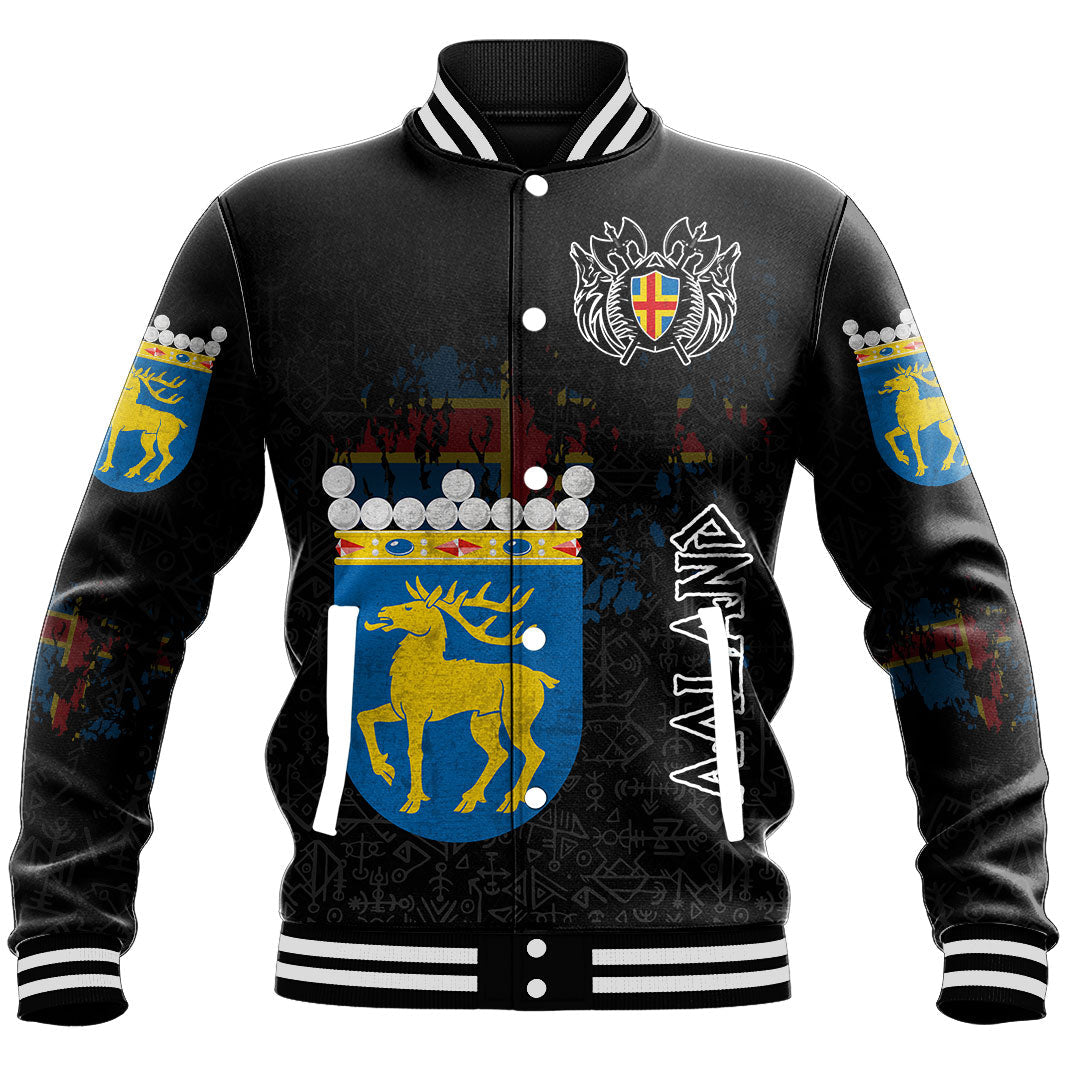 Custom Viking Baseball Jacket Åland Flag and Map style Viking Geri & Freki