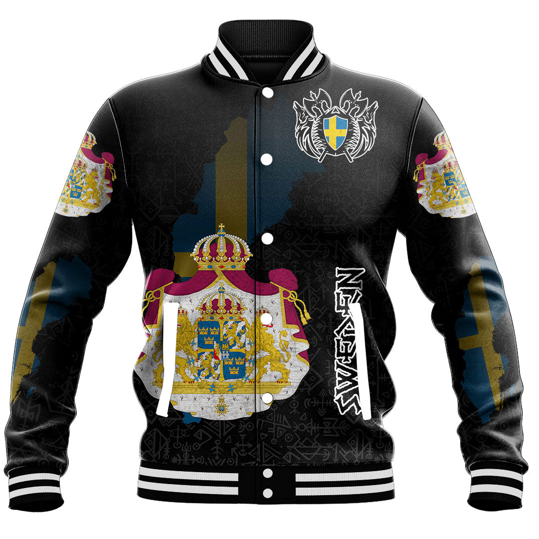 Custom Viking Baseball Jacket Sweden Flag and Map style Viking Geri & Freki Ver02