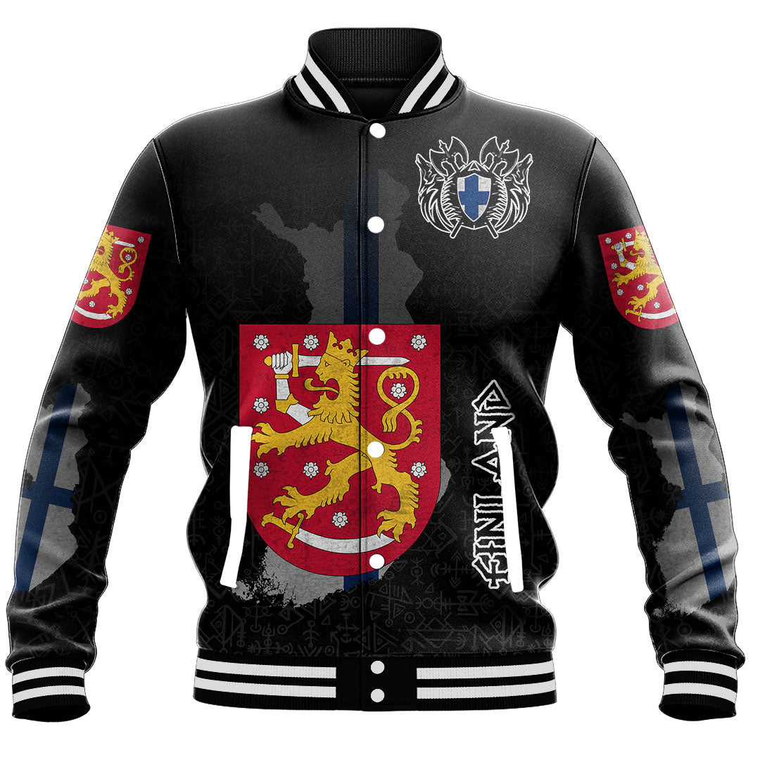 Custom Viking Baseball Jacket Finland Flag and Map style Viking Geri & Freki