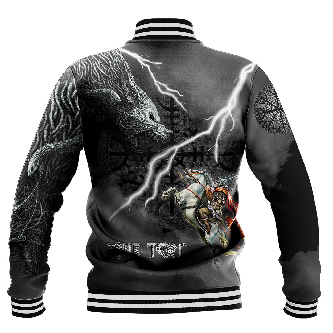 Custom Viking Baseball Jacket Ragnarok Odin fight Fenrir on thunder background