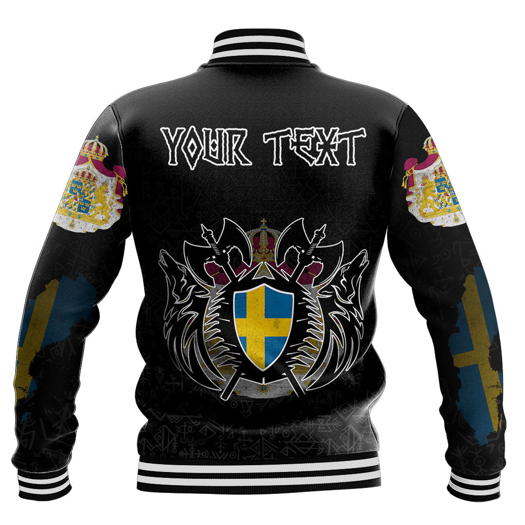 Custom Viking Baseball Jacket Sweden Flag and Map style Viking Geri & Freki Ver02