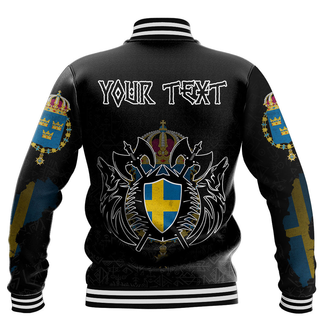 Custom Viking Baseball Jacket Sweden Flag and Map style Viking Geri & Freki Ver01