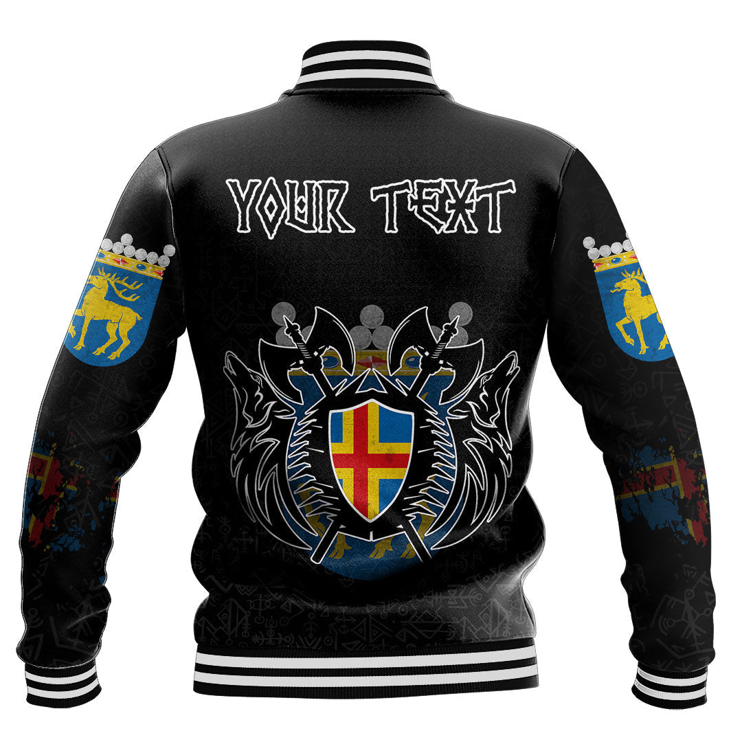 Custom Viking Baseball Jacket Åland Flag and Map style Viking Geri & Freki