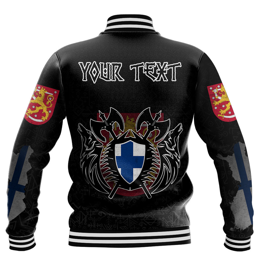 Custom Viking Baseball Jacket Finland Flag and Map style Viking Geri & Freki