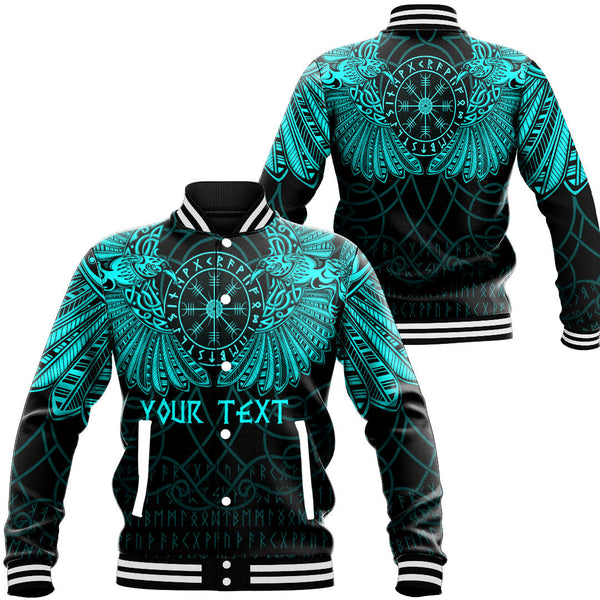 Custom Viking Bomber Jacket Viking Odin's Celtic Two Ravens Cyan Version