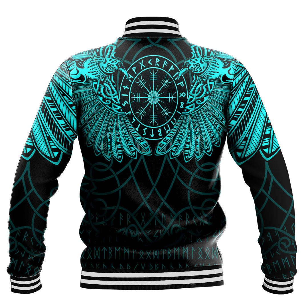 Custom Viking Bomber Jacket Viking Odin's Celtic Two Ravens Cyan Version