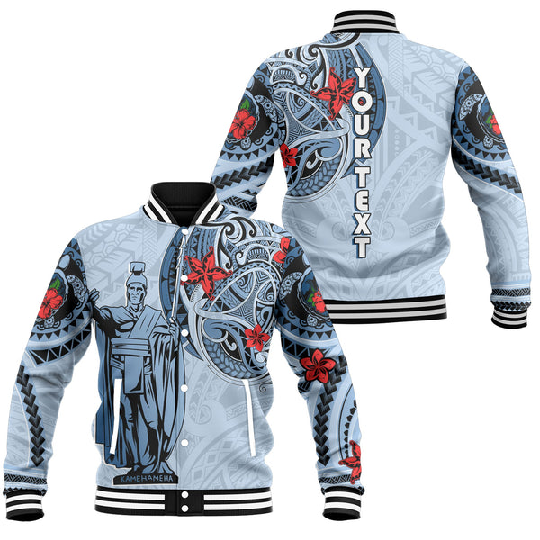 Custom King Kamehameha Hawaiian Baseball Jacket Sea Green Plumeria Style