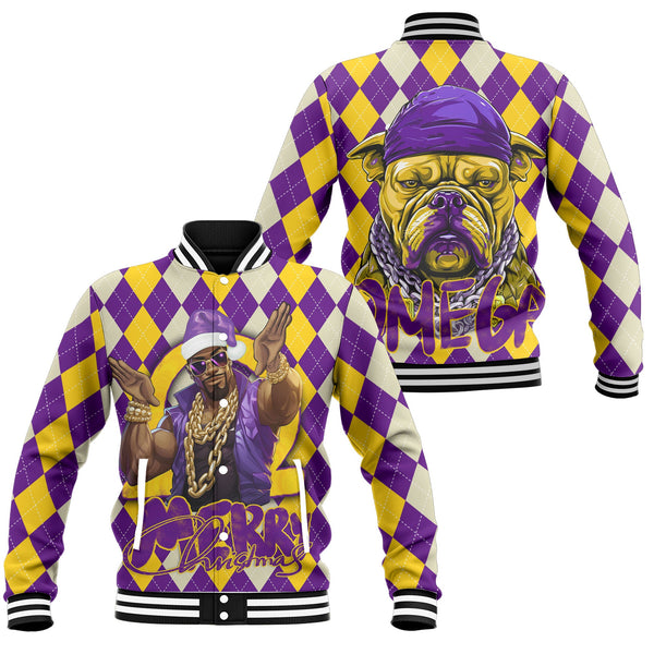 Fraternity Jacket - OPP Christmas Baseball Jacket Bulldog Purple Gold Caro Pattern Style