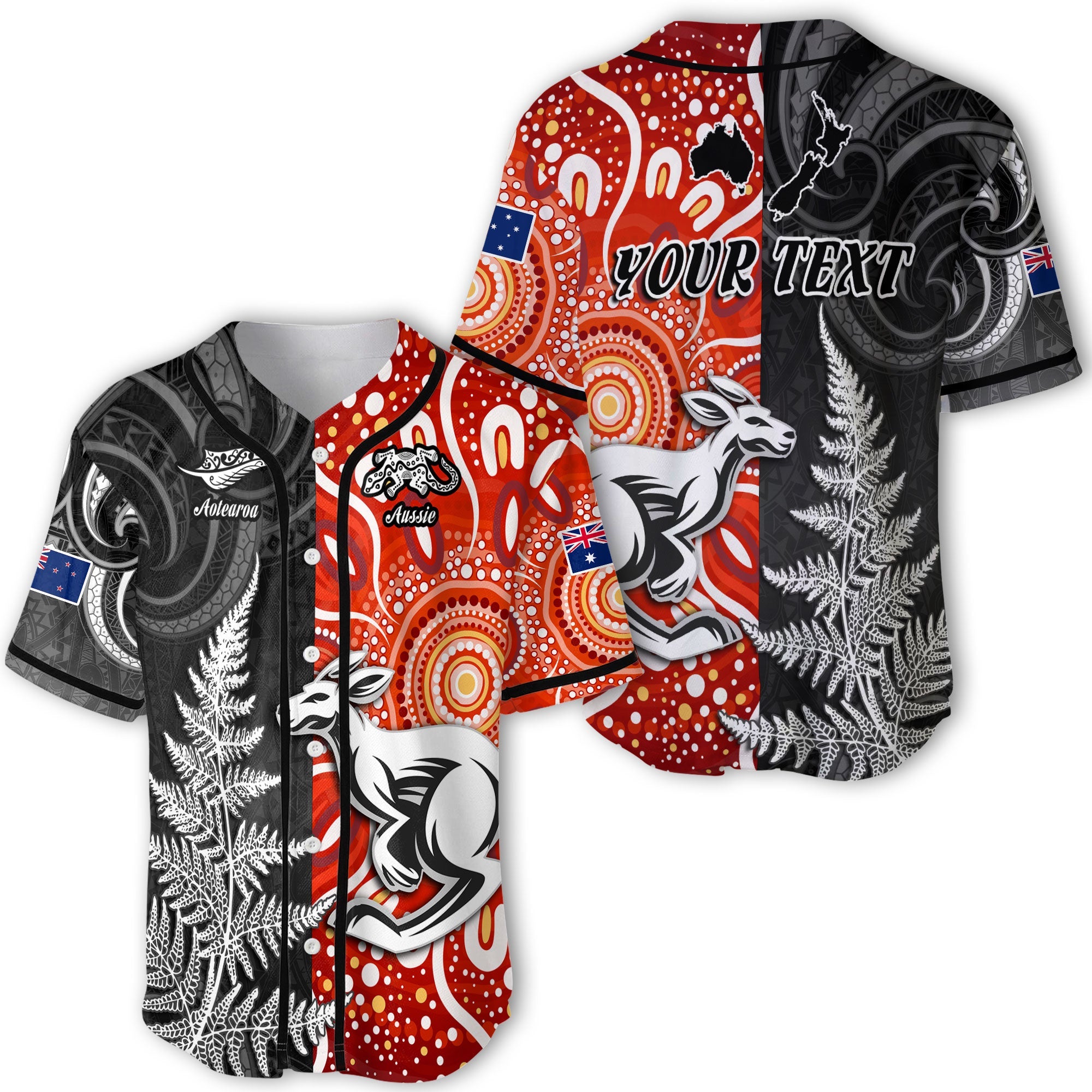 Custom New Zealand Rugby Baseball Jersey Aotearoa Silver Fern & Aussie Kangaroo Maori & Aboriginal - LH1