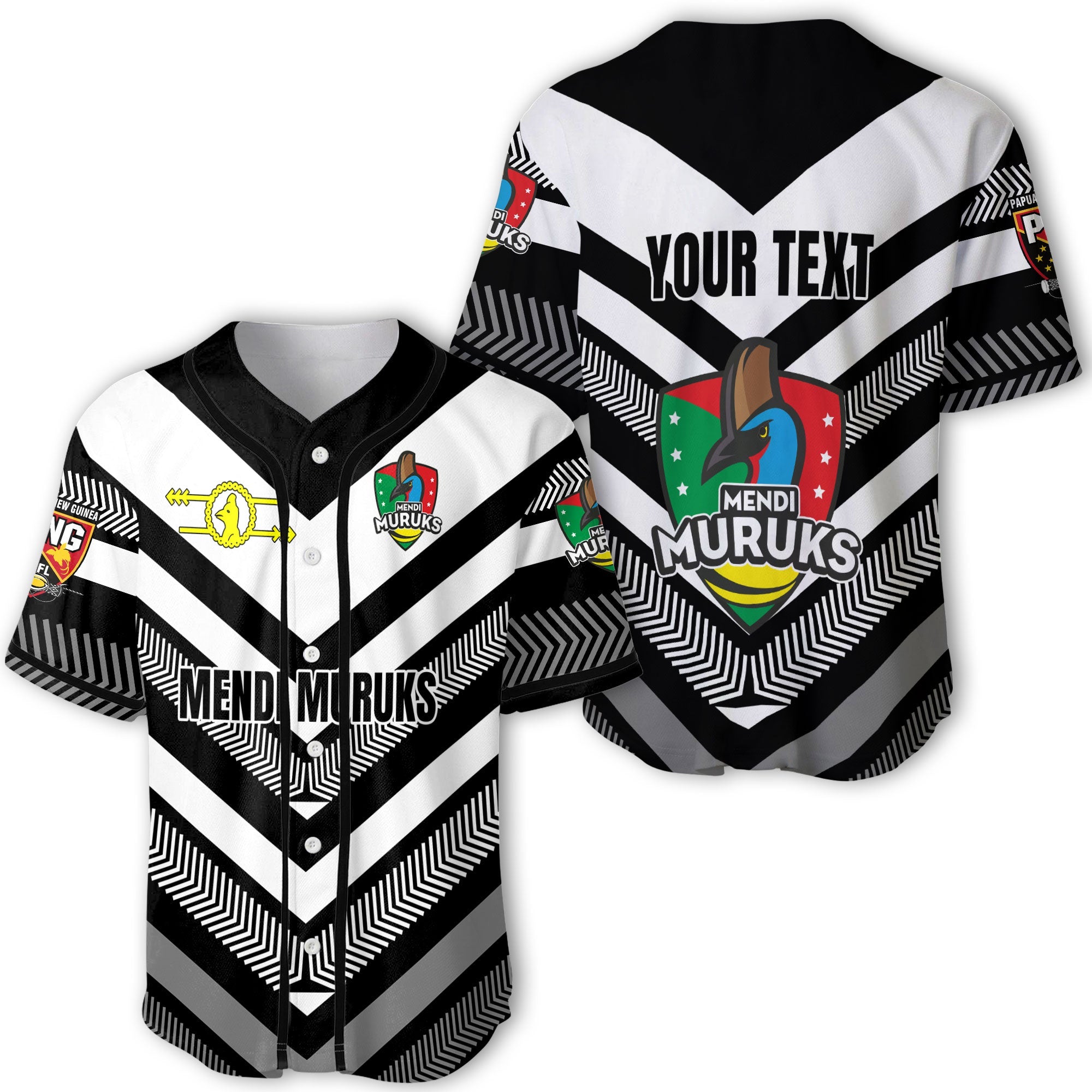 Custom Mendi Muruks Baseball Jersey Papua New Guinea Rugby Black & White Style