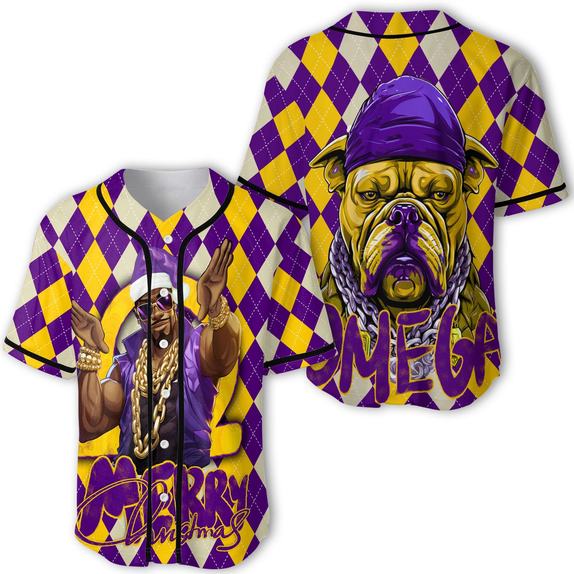 Fraternity Baseball Jersey - OPP Christmas Baseball Jersey Bulldog Purple Gold Caro Pattern Style