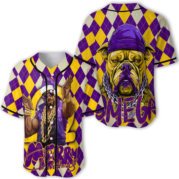 Fraternity Baseball Jersey - OPP Christmas Baseball Jersey Bulldog Purple Gold Caro Pattern Style