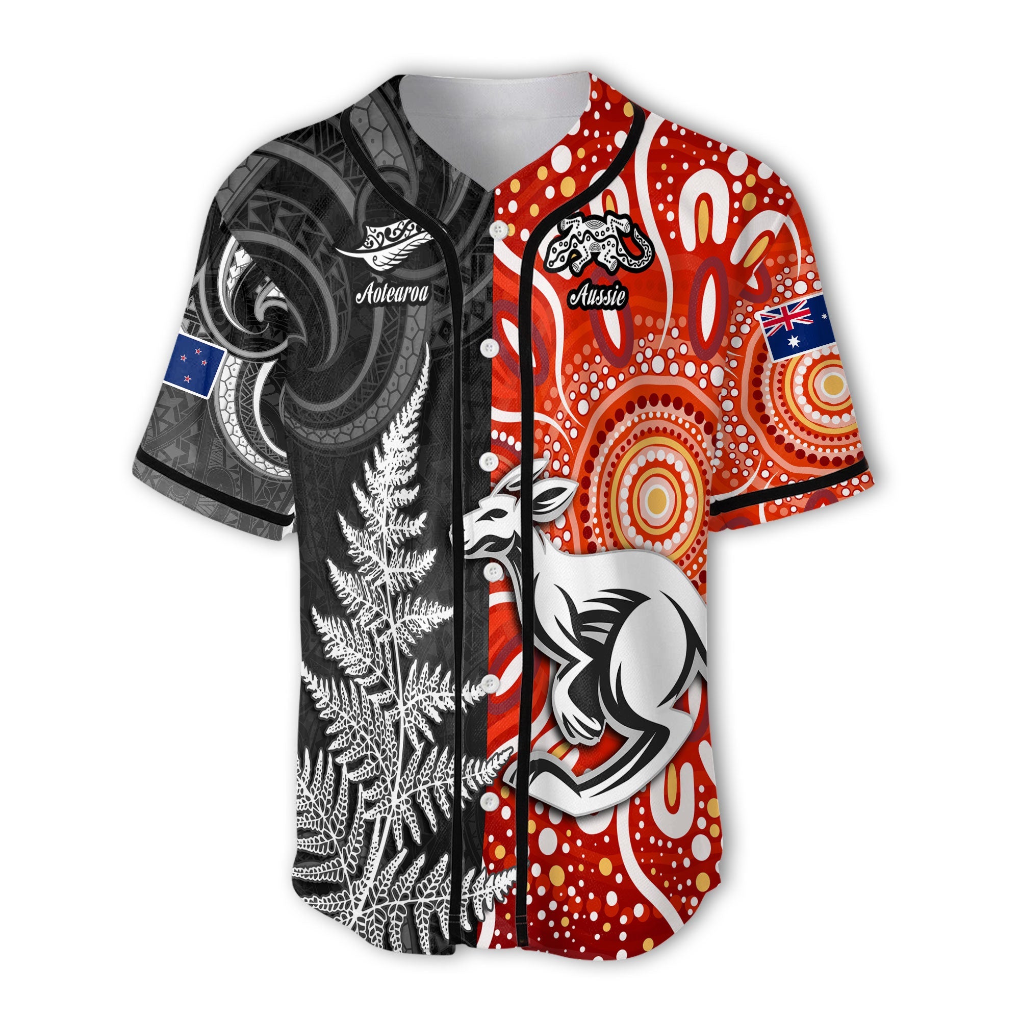 Custom New Zealand Rugby Baseball Jersey Aotearoa Silver Fern & Aussie Kangaroo Maori & Aboriginal - LH1