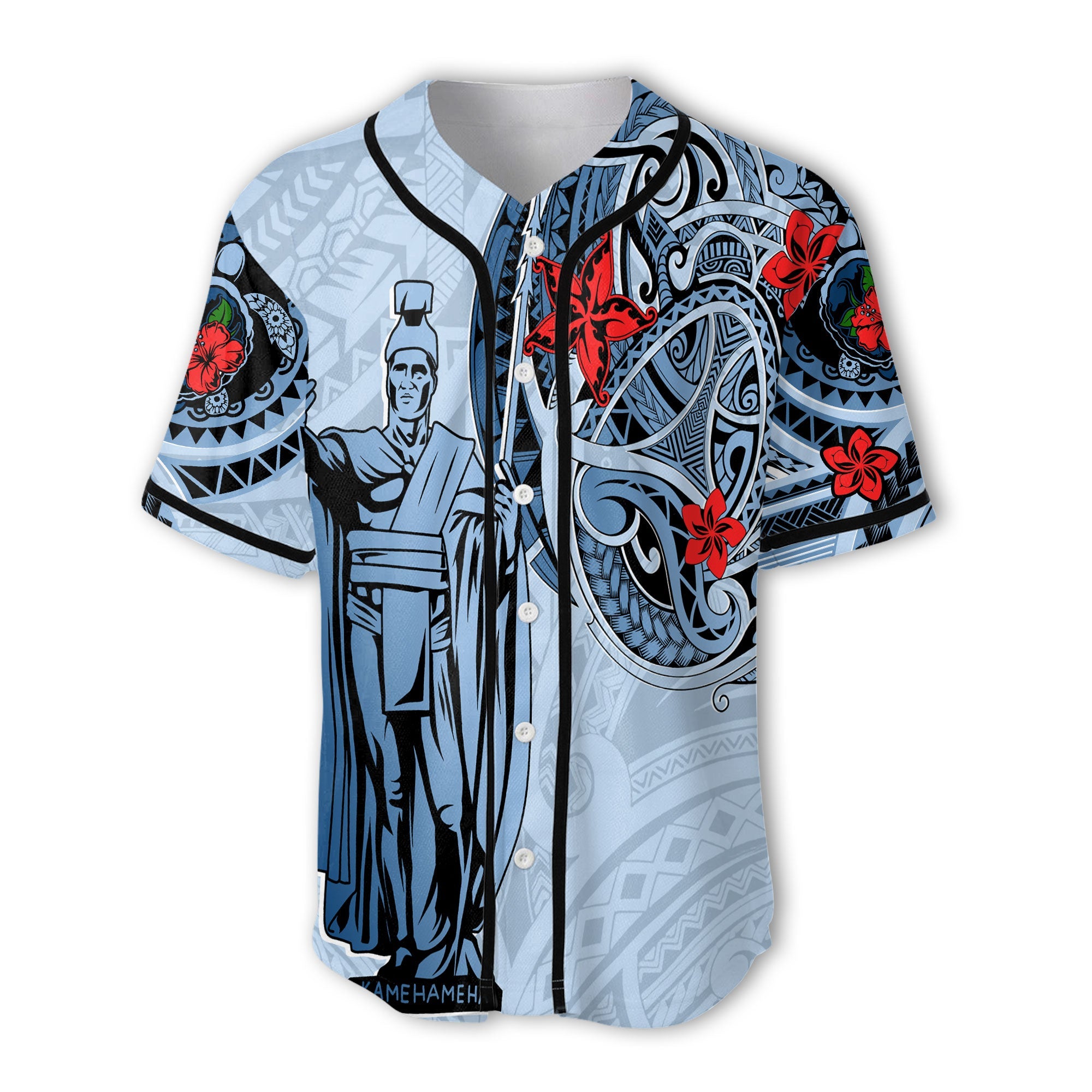 Custom King Kamehameha Hawaiian Baseball Jersey Sea Green Plumeria Style