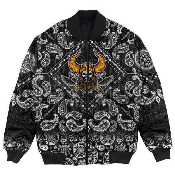 Viking Bomber Jacket Beard Skull Cross Axes with Bandana Paisley Style