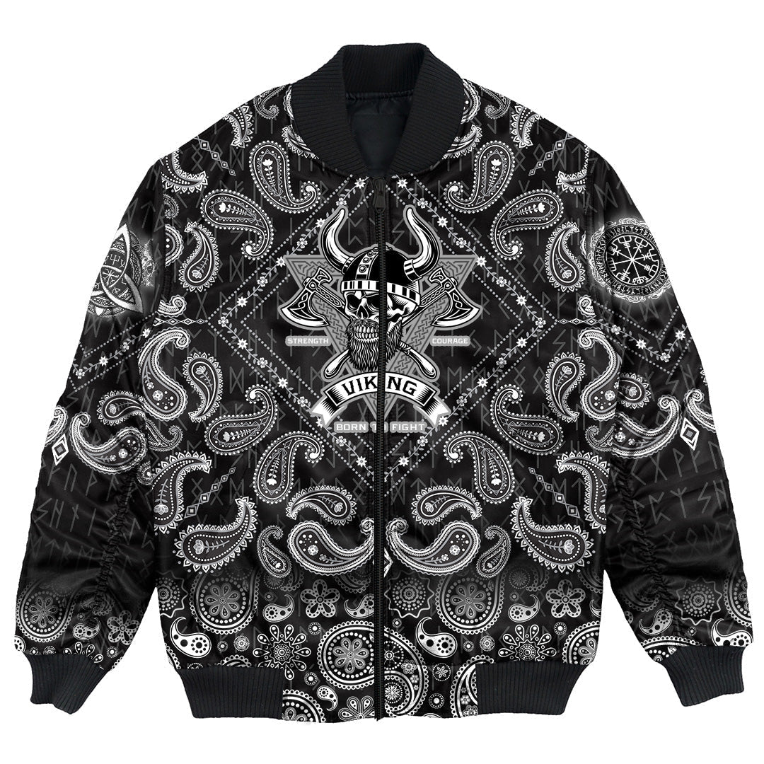 Viking Bomber Jacket Bearded Warrior Skull With Crossed Axes with Bandana Paisley Style