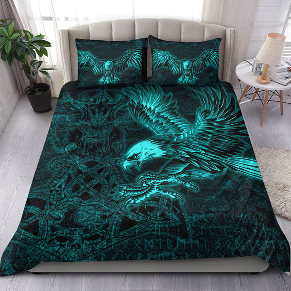 Viking Bedding Set Raven Mjolnir Turquoise Tree Cletic