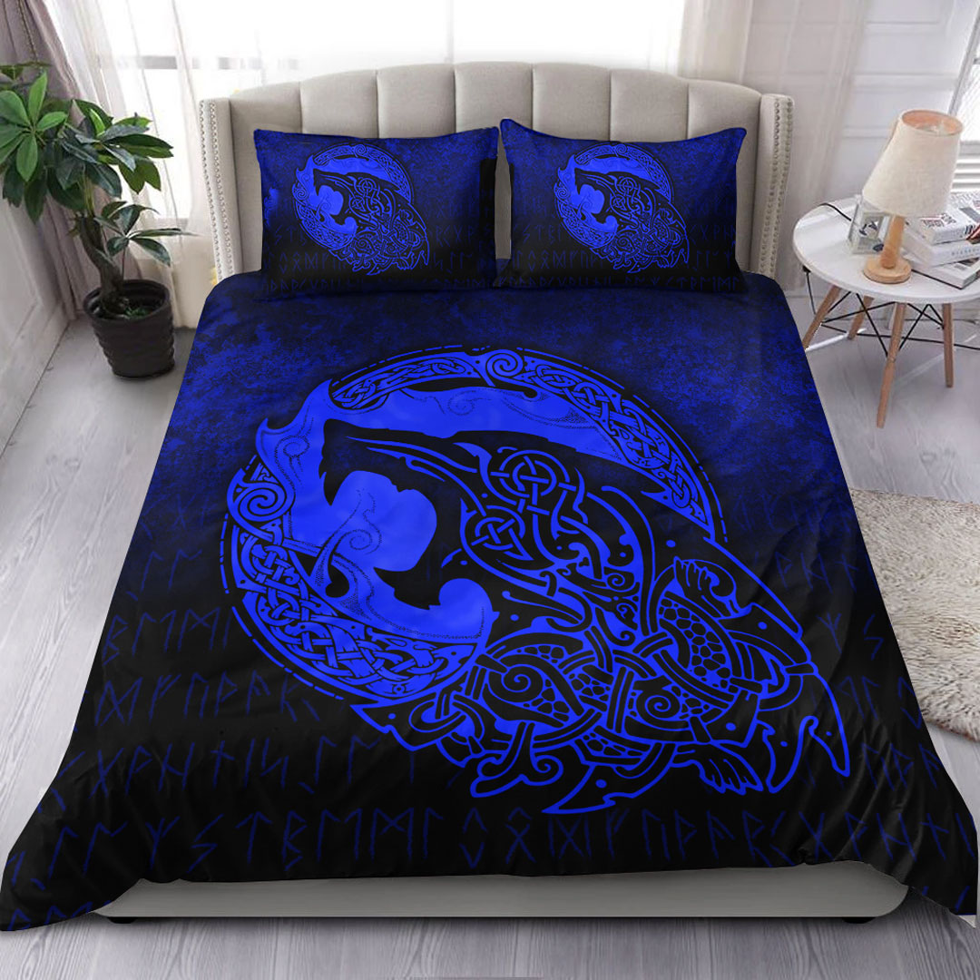 Viking Bedding Set Fenrir Viking 3D Tattoo Blue Version