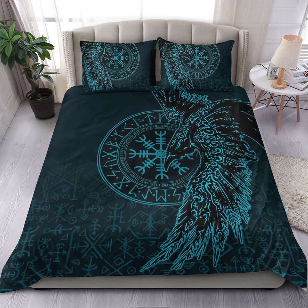 Viking Bedding Set Raven and Helm of Awe Cyan