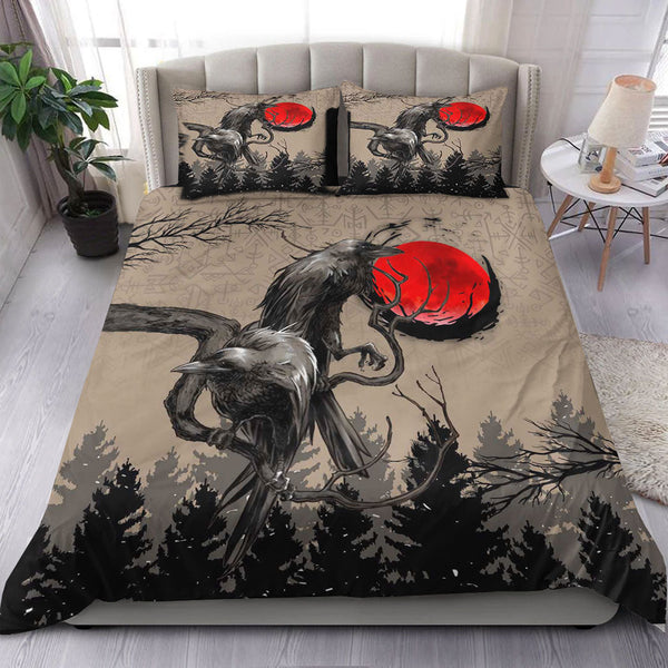 Viking Bedding Set Viking Huginn and Muninn Raven on Tree Branch and Blood Moon