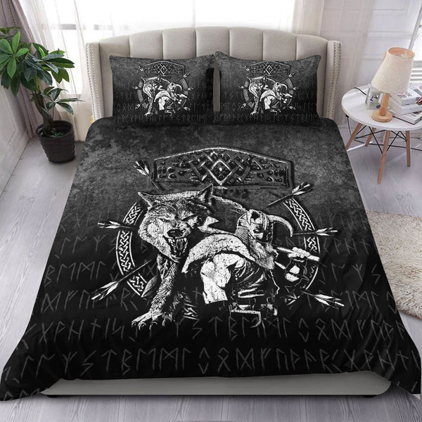 Viking Bedding Set Fenrir Wolf Of Odin Norse Runes Thor Hammer Mjolnir