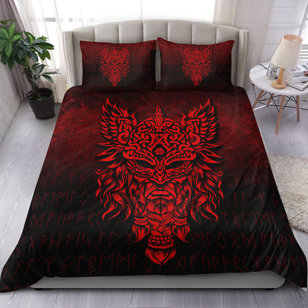 Viking Bedding Set Odin The Allfather Asgard God And Chief Of Aesir Red Version