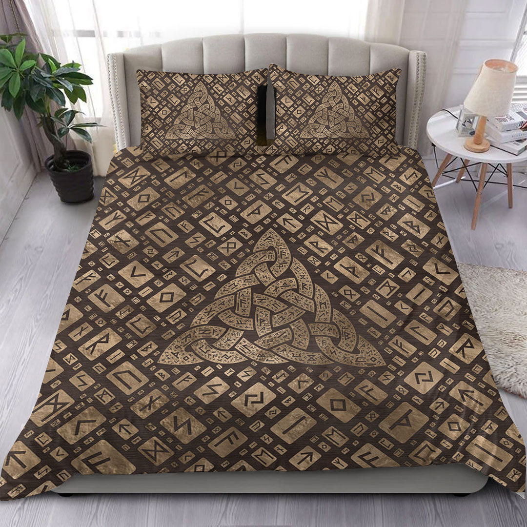 Viking Bedding Set Triquetra & Runic Alphabet Wood and Gold