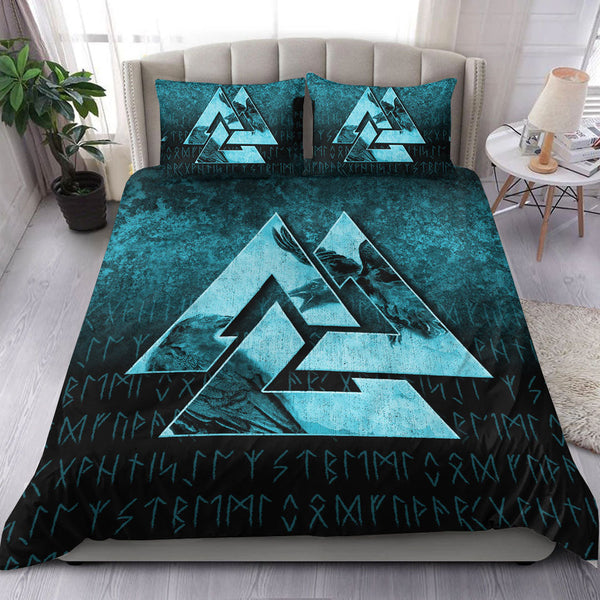 Viking Bedding Set Huginn Muninn Ravens from Odin Viking Cyan Version