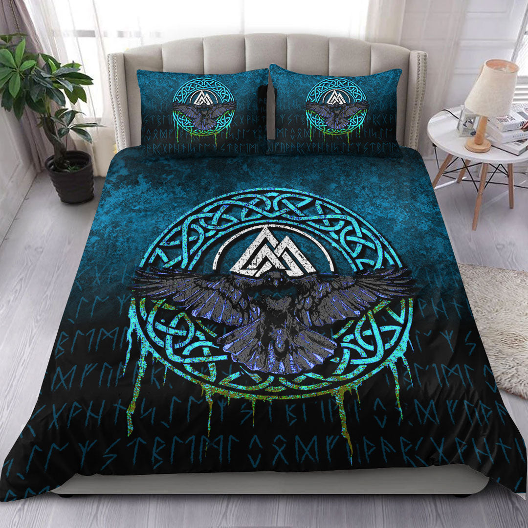 Viking Bedding Set Valhalla Norse Mythology Raven Black Crow Viking Cyan Version