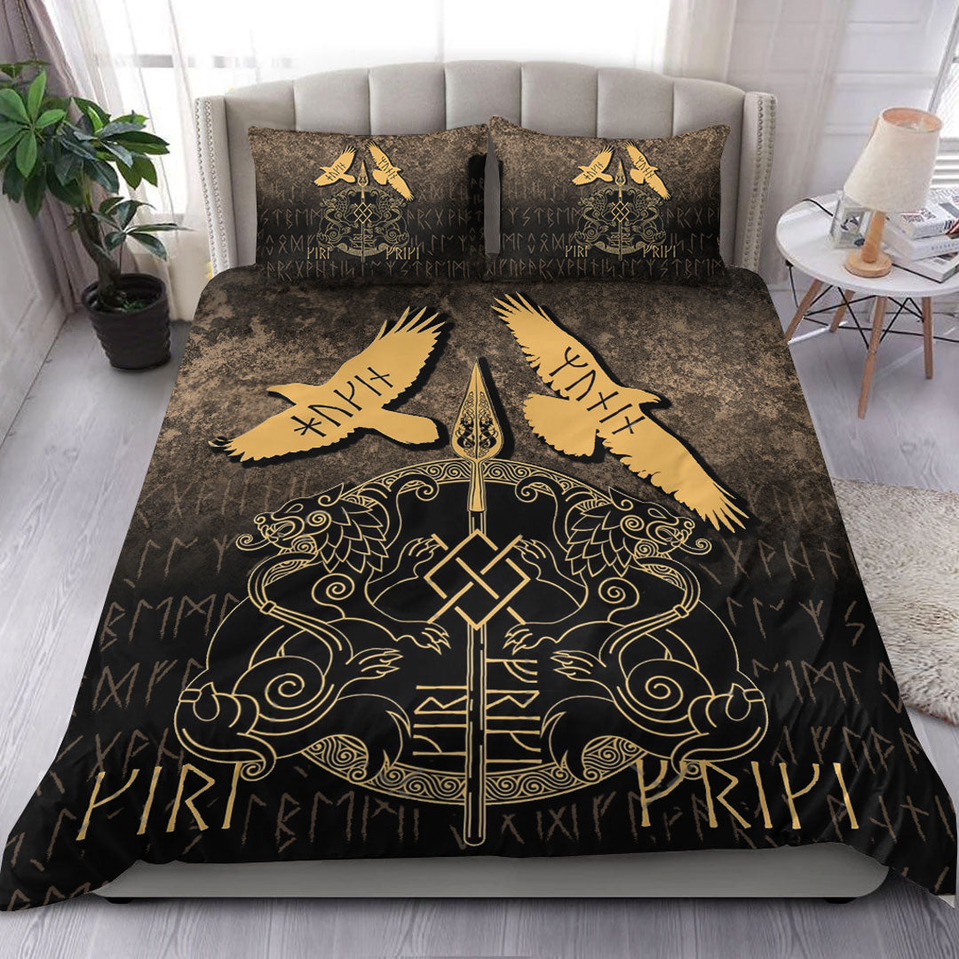 Viking Bedding Set Norse Mythology Spear of Odin Gungnir Runes Geri Freki Huginn Muninn