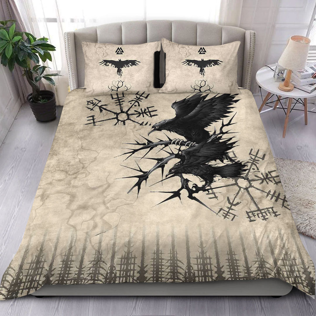 Viking Bedding Set Raven and Vegvisir Vintage Style