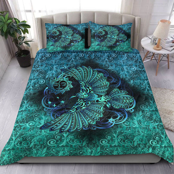 Viking Bedding Set Odin's Celtic Raven on the Background Yggdrasil Tree Cyan Celtic Tattoo