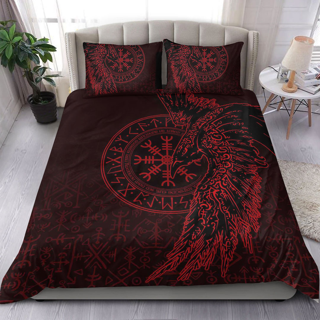 Viking Bedding Set Raven and Helm of Awe Red