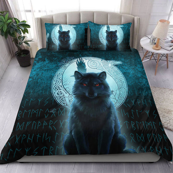 Viking Bedding Set Fenrir Viking Wolf Cyan Version