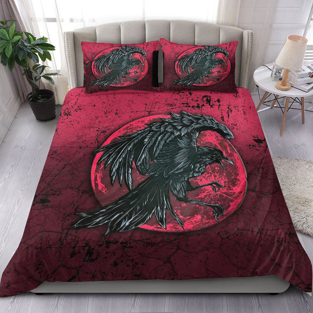 Viking Bedding Set Raven and Blood Moon Brush Style