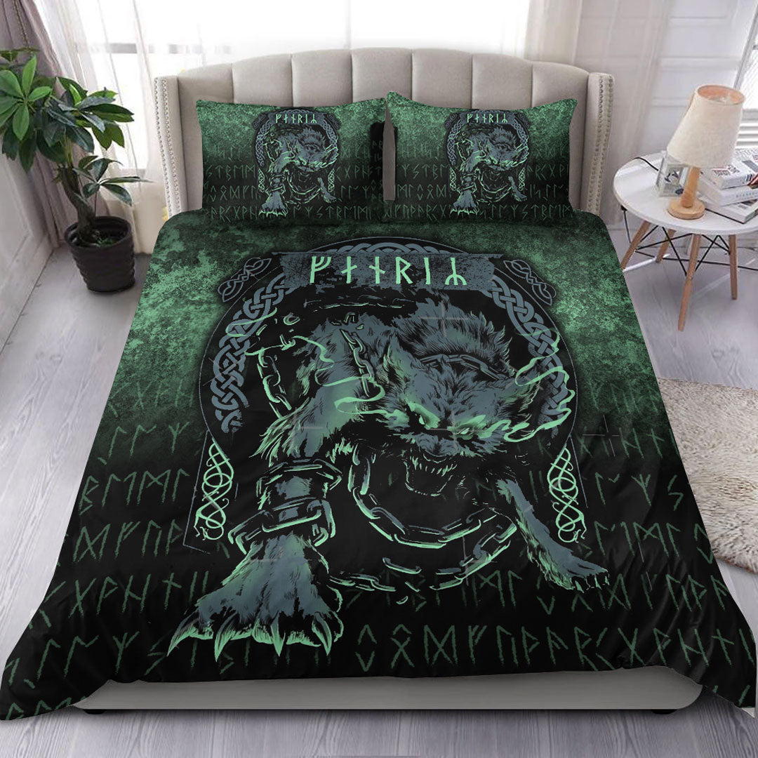 Viking Bedding Set Fenrir Wolf Norse Futhark Runes Viking Mythology Ragnarok Green