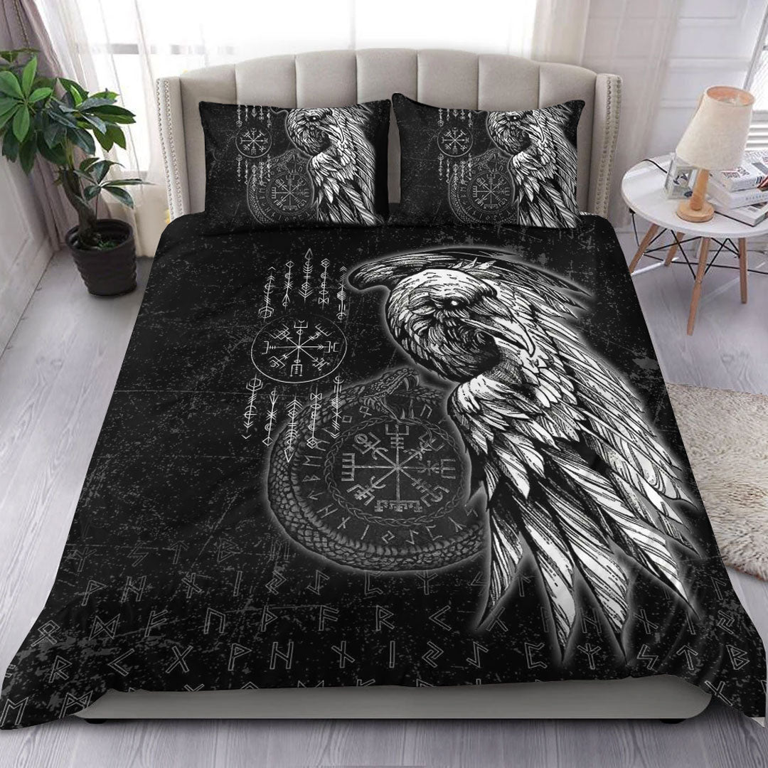 Viking Bedding Set Raven and Ourobos and Runes