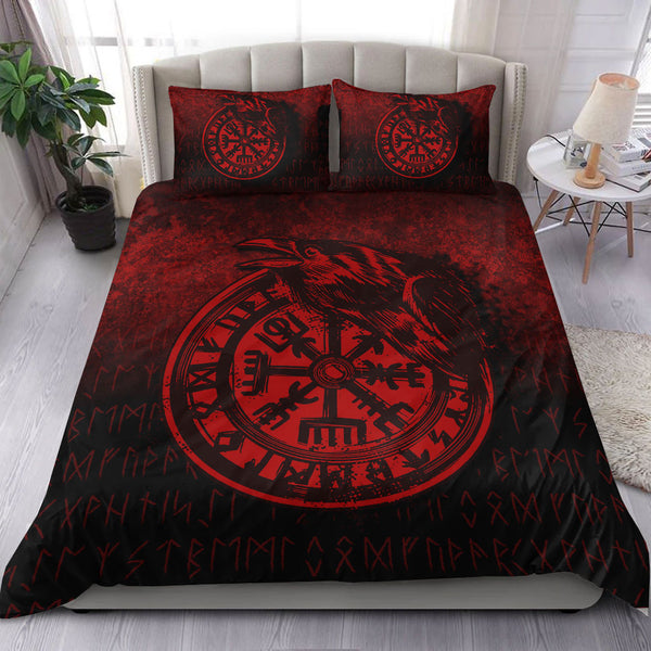 Viking Bedding Set Viking Vegvisir Rune with Crow Red Version