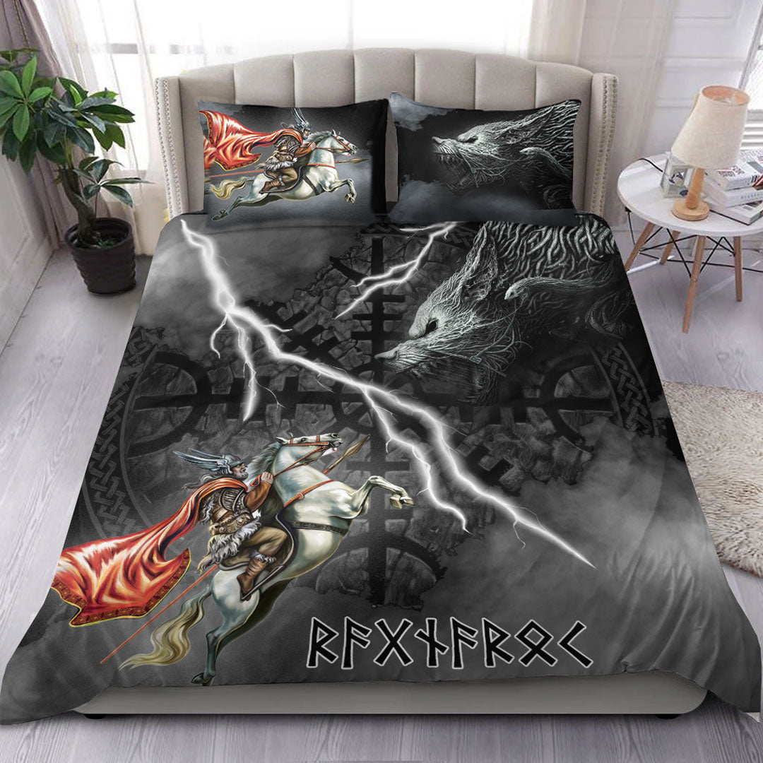 Viking Bedding Set Odin and Fenrir Thunder Background