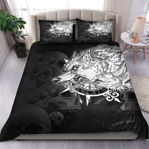 Viking Bedding Set Fenrir Wolf Skull and Sun Vegvisir