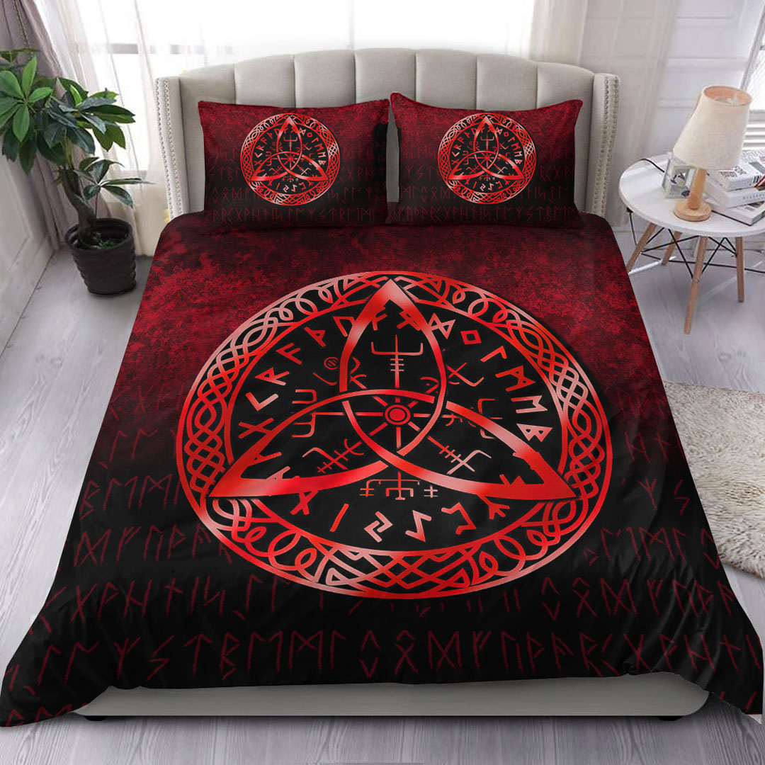 Viking Bedding Set Vegvisir Nordic Viking Rune Red Version