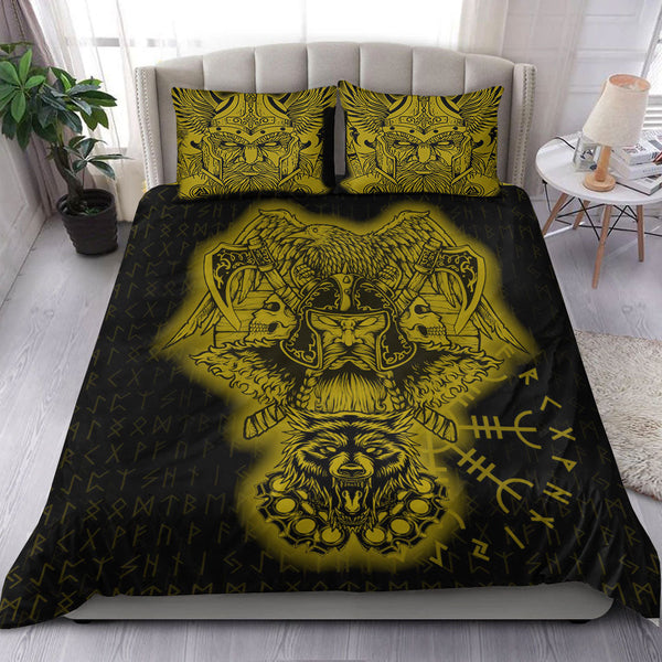 Viking Bedding Set Odin And Raven Wolf Gold